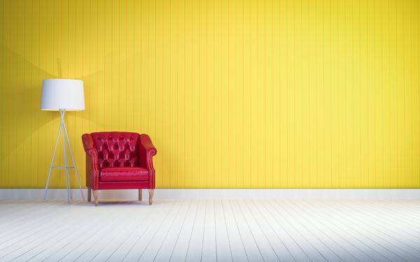 مبل پرنعمت قرمز روی اتاق دیوار زرد رندر سه بعدی