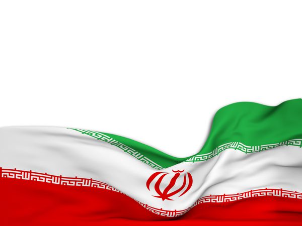 رندر سه بعدی پرچم ایران که روی پس زمینه سفید تکان می خورد
