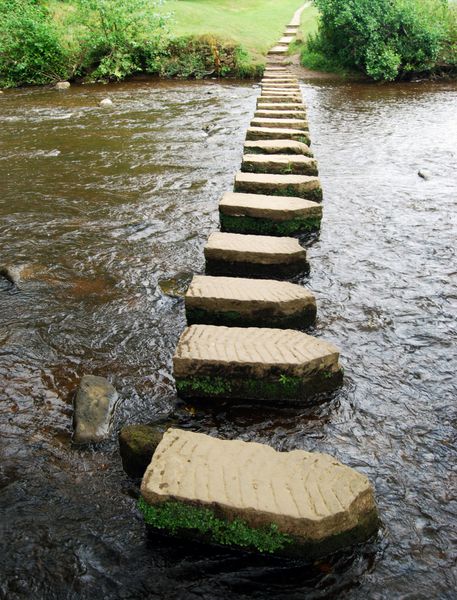 نمای عمودی از سنگ های پله ای که از رودخانه عبور می کنند