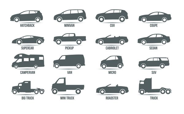 مدل و نوع ماشین مجموعه آیکون اشیاء اتومبیل وکتور سیاه جدا شده در پس زمینه سفید با سایه انواع بدنه خودرو شبح خودرو برای وب الگو