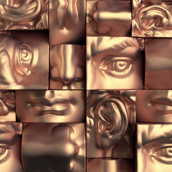 رندر سه بعدی تصاویر دیجیتال بلوک های فلزی مسی انتزاعی چشم ها گوش بینی لب ها دهان جزئیات مجسمه سازی آناتومی قطعات مجسمه دیوید