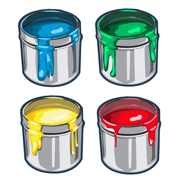 چهار قوطی باز با رنگ های رنگارنگ جدا شده در زمینه سفید وکتور کارتونی از نمای نزدیک