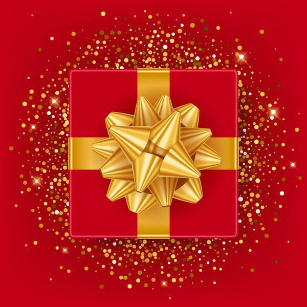 جعبه هدیه قرمز کریسمس سال نو با روبان و پاپیون طلایی - وکتور از بالا پولک های درخشنده براق در پس زمینه قرمز برای طراحی بنر تبلیغاتی فصلی مناسب است