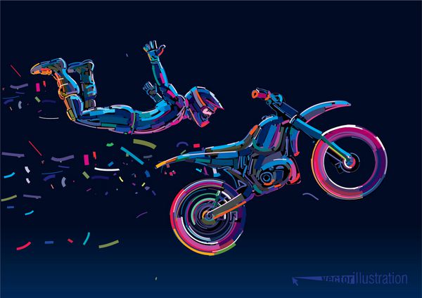 نمایش پرش موتورسیکلت های آکروباتیک وکتور آثار هنری به سبک خطوط رنگ