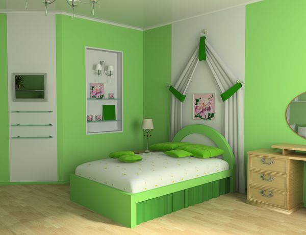 اتاق کودک سبز با تصویر سه بعدی تخت