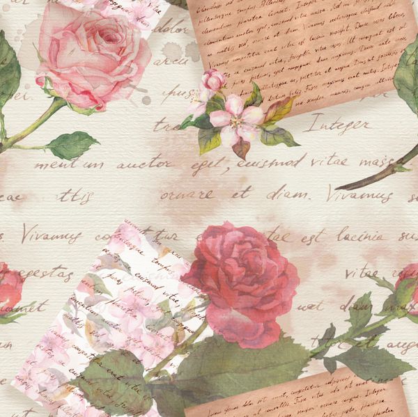 کاغذ قدیمی با حروف دست نوشته و گل های رز آبرنگ برای دفترچه یادداشت تکرار پس زمینه
