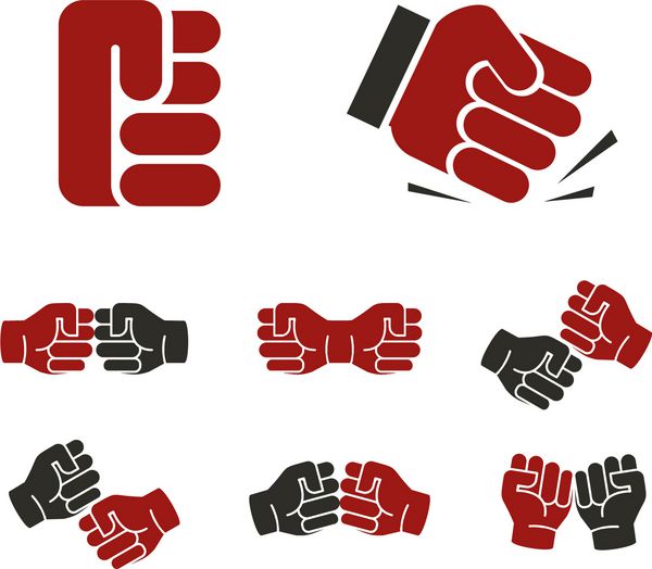 مجموعه آرم مشت های قرمز و سیاه انتزاعی جدا شده لوگوی مشت زدن علامت انقلاب تهاجمی نماد ژست منفی دست انسان نماد اعتراض عنصر زبان ناشنوایان وکتور