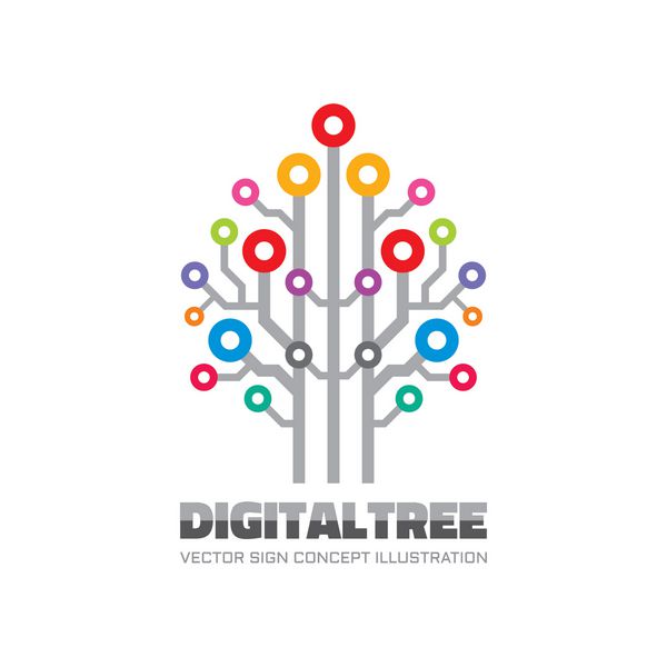 درخت دیجیتال - تصویر مفهومی الگوی لوگوی وکتور به سبک مسطح علامت فناوری شبکه کامپیوتری عنصر طراحی الکترونیکی