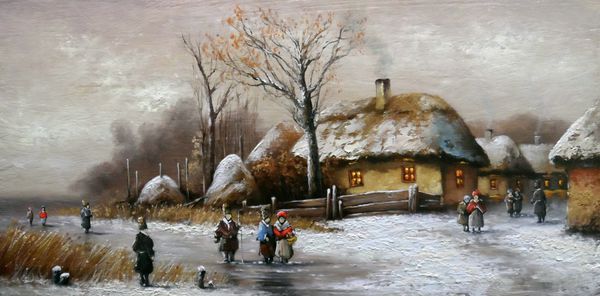 نقاشی منظره روستای زمستانی