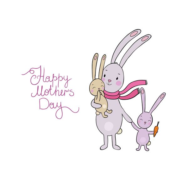 خانواده خرگوش های کارتونی زیبا حیوانات خنده دار اشیاء جدا شده در پس زمینه سفید وکتور روز مادر مبارک