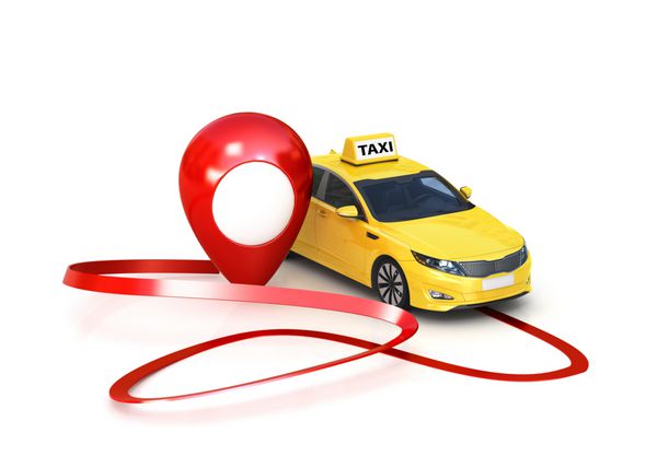 مفهوم ناوبر GPS و ماشین یک تاکسی زرد با اشاره گر به محل تابلو راهنمایی تصویر سه بعدی