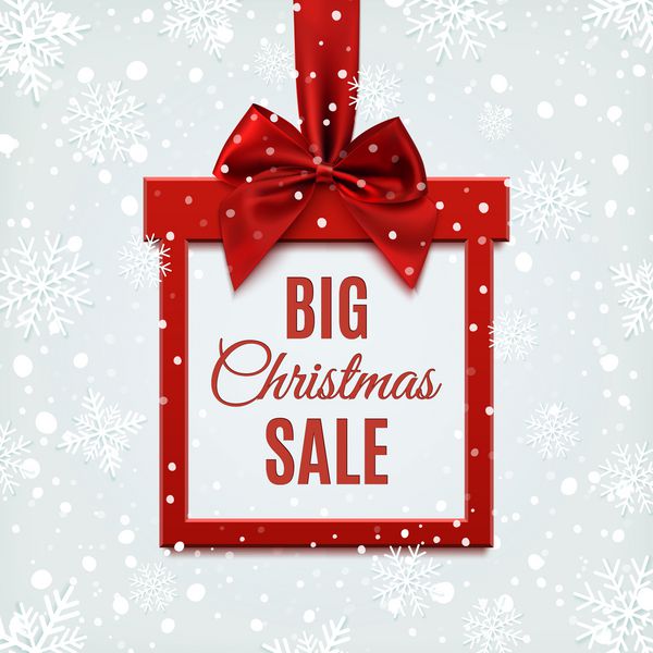 فروش بزرگ کریسمس بنر مربعی به شکل هدیه با روبان قرمز و پاپیون در زمینه زمستانی با برف و دانه های برف بروشور کارت تبریک یا الگوی بنر وکتور