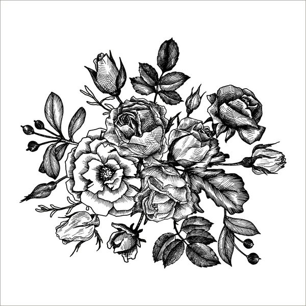 ترکیب گل وکتور قدیمی عنصر ایزوله به سبک ویکتوریایی گل جوانه و برگ طراحی جوهر تقلید از حکاکی ترکیب طراحی شده با دست