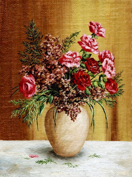 نقاشی رنگ روغن روی بوم یک دسته گل رز در یک گلدان سفید