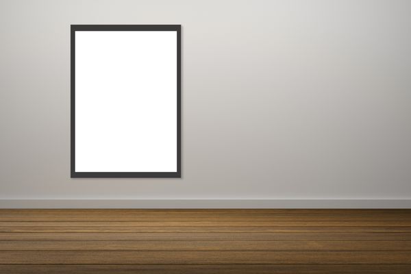 پوستر سفید و قاب سیاه عکس آویزان در اتاق خالی sp برای متن و عکس شما الگوی نمایش محصول نمایش تجاری دیوار سفید و کف چوبی مسیر گیره شامل