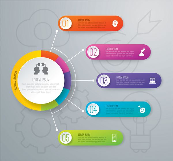 وکتور طراحی اینفوگرافیک و نمادهای بازاریابی را می توان برای طرح گردش کار نمودار گزارش ann طراحی وب استفاده کرد مفهوم کسب و کار با 5 گزینه مرحله یا فرآیند