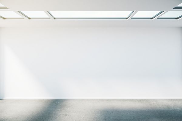 داخلی بتنی با دیوار خالی سقف با پنجره و نور خورشید ماک آپ رندر سه بعدی