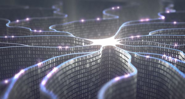 تصویر سه بعدی نورون مصنوعی در مفهوم هوش مصنوعی کدهای باینری دیواری شکل خطوط انتقال پالس ها و یا اطلاعات در قیاس با یک ریزتراشه