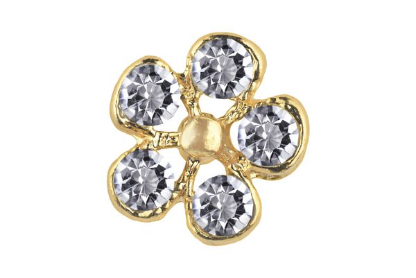 گوشواره طلایی به شکل گل با پنج الماس بزرگ جدا شده روی پس‌زمینه سفید شامل مسیر برش