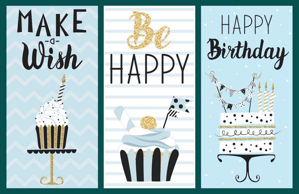 مجموعه کارت های جشن تولد مبارک با کیک کیک کوچک تاپر شمع و متن حروف وکتور تصویر کشیده شده با دست