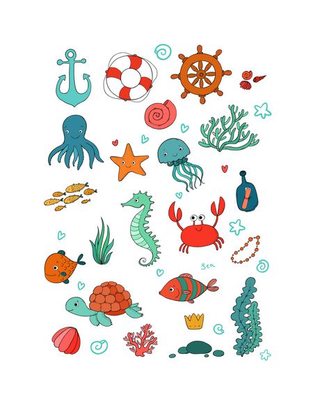 مجموعه بزرگ دریایی تم دریا ستاره دریایی لاک پشت کارتونی زیبا ماهی خنده دار چتر دریایی و اسب دریایی جلبک دریایی و یک بطری با یک یادداشت بردار