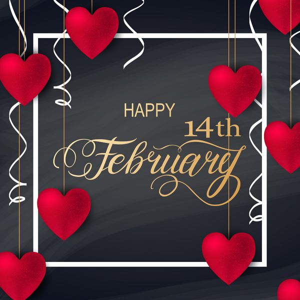 عناصر طراحی عاشقانه روز مبارک قلب های واقع گرایانه سه بعدی قرمز با حروف 14 فوریه در قاب سفید طراحی قالب برای بنر بروشور کارت پستال