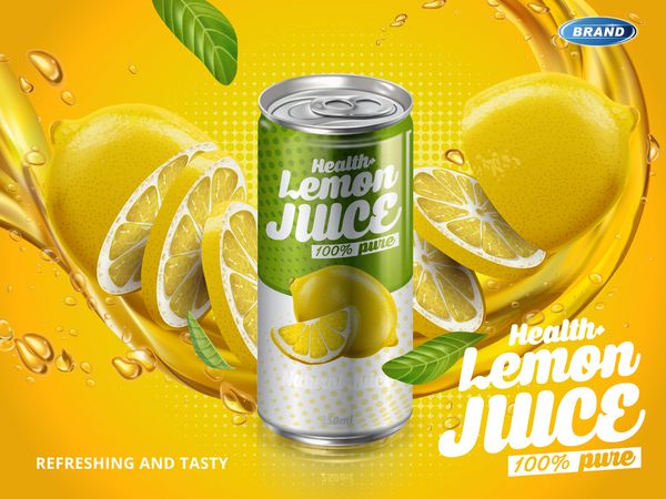 طعم لیمو نوشابه موجود در قوطی فلزی سبز پس زمینه عناصر لیمو را برش می دهد