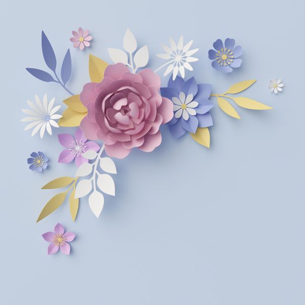 رندر سه بعدی تصاویر دیجیتال پس زمینه گل آبی گل های کاغذی پاستلی دکور دیوار تعطیلات زیورآلات تزئینی دسته گل عروس کارت تبریک
