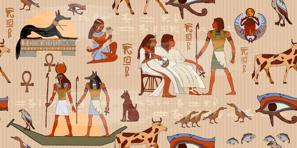 الگوی بدون درز مصر باستان کنده کاری های هیروگلیف بر روی دیوارهای بیرونی یک الگوی مصر باستان خدایان و فراعنه مصر پس زمینه نقاشی های دیواری بدون درز گرانج مصر