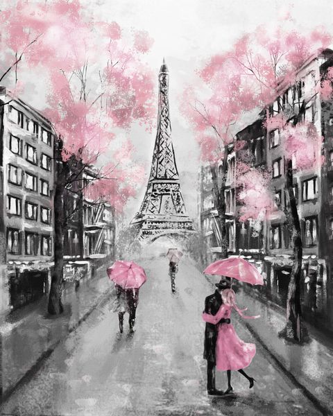 نقاشی رنگ روغن پاریس چشم انداز شهر اروپا فرانسه کاغذ دیواری برج ایفل سیاه سفید و صورتی هنر مدرن زوج زیر یک چتر در خیابان