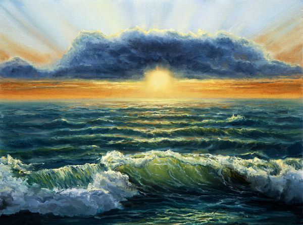 نقاشی رنگ روغن اصلی اقیانوس و ساحل روی بوم غروب طلایی غنی بر فراز اقیانوس امپرسیونیسم مدرن