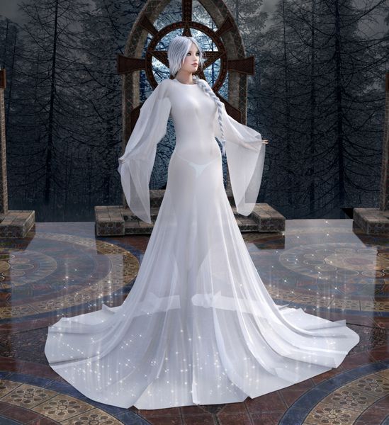 زن مرموز زیبا با لباس سفید بلند - تصویر سه بعدی