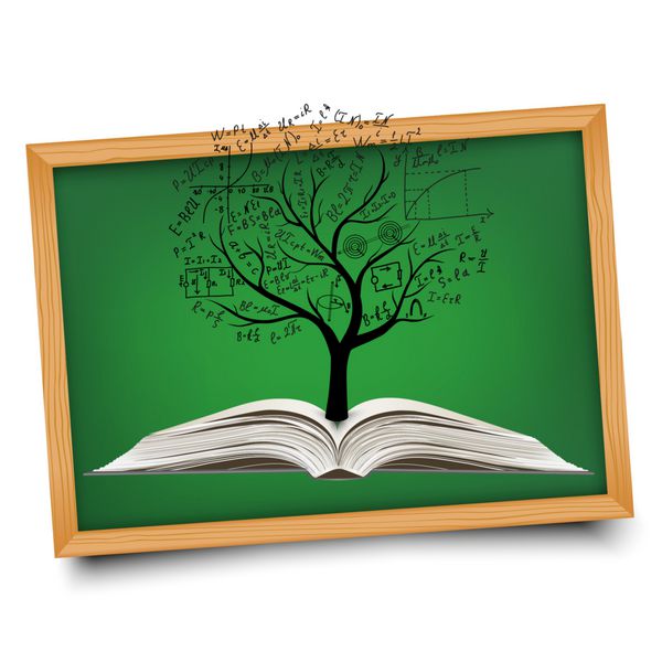 معادلات و فرمول های ریاضی روی یک درخت بالای یک کتاب باز معادلات و فرمول های ریاضی روی تخته مدرسه نمودارها و نمودارهای دستی کشیده شده وکتور مفهومی ابله علوم پایه