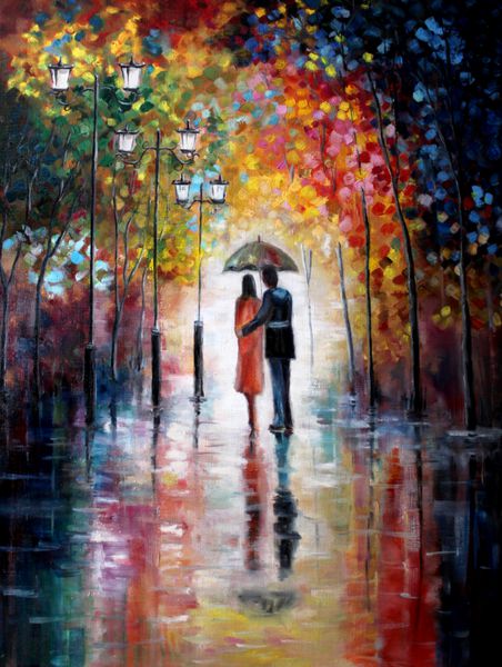 نقاشی رنگ روغن اصلی روی بوم - عاشقان زیر چتر - هنر مدرن