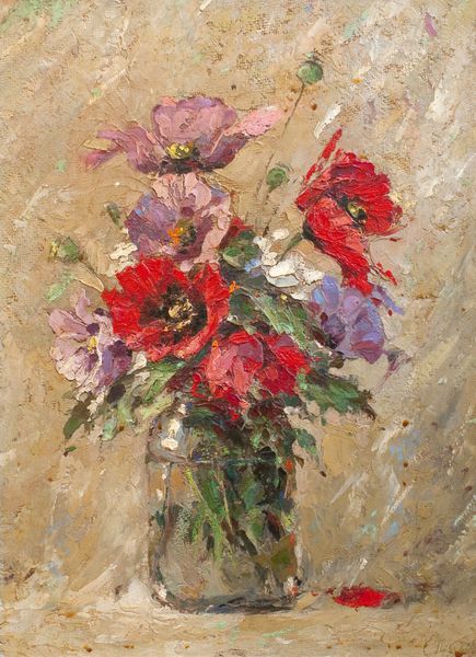 نقاشی رنگ روغن که نشان دهنده گل در گلدان است