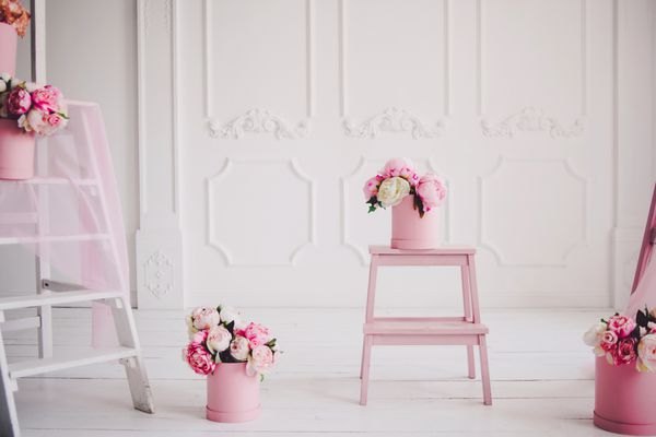 فضای داخلی سفید روشن با تعداد زیادی گل صورتی پودر صورتی دسته گل های صورتی ظریف در جعبه های گرد پله ها و صندلی روی کف چوبی سفید با تعداد زیادی دسته گل های صورتی
