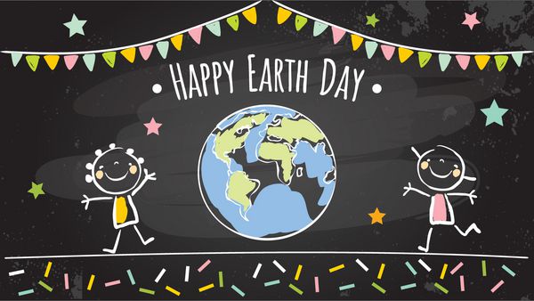 روز زمین مفهوم وکتور تصویر کره زمین با بچه ها نقاشی گچ روی تخته سیاه پس زمینه محیط زیست جهان ۲۲ آوریل پوستر