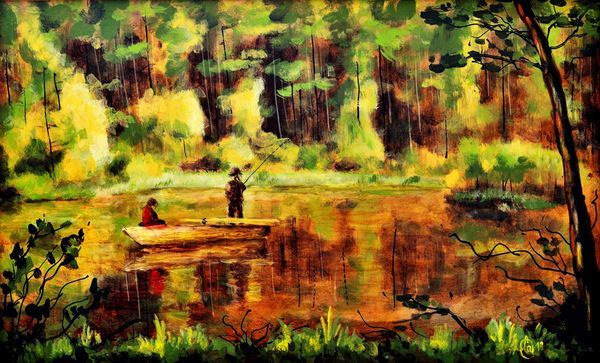 نقاشی رنگ روغن اصلی یک ماهیگیری عصرانه