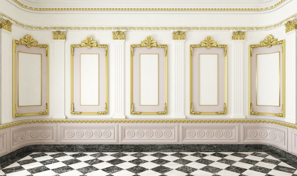 صحنه سه بعدی اتاقی به سبک کلاسیک با قالب‌های طلایی و کف سنگ مرمر