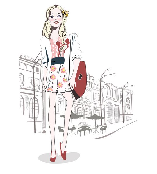 طرح دختر مد با کیف قرمز برای خرید در شهر