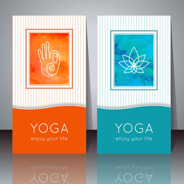 وکتور تصویر یوگا کارت های یوگا با بافت آبرنگ و نمادهای یوگا طراحی هویت برای استودیو یوگا مرکز یوگا کلاس مجله ارائه قالب پوستر یوگا بروشور بنر