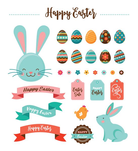 مجموعه ای از نمادهای رنگارنگ عید پاک مبارک با خرگوش اسم حیوان دست اموز تخم مرغ و بنرها