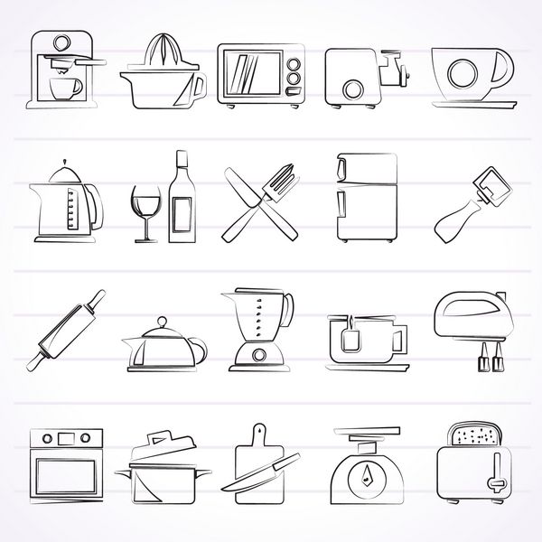 نمادهای اشیاء و تجهیزات آشپزخانه - مجموعه آیکون های وکتور