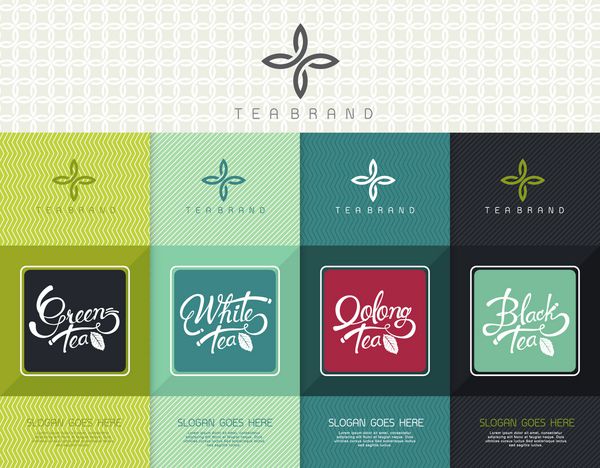 مجموعه وکتور قالب بسته بندی چای لوگو برچسب بنر پوستر هویت برندینگ طراحی شیک برای چای سیاه - چای سبز - چای سفید - چای اولانگ