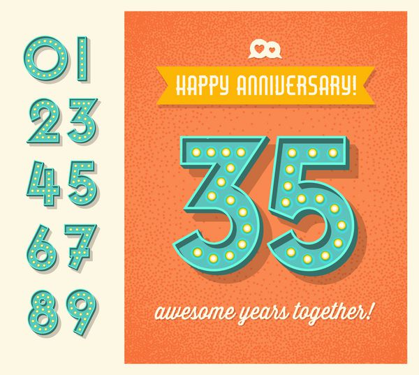 طراحی کارت یا بنر تبریک سالگرد با مجموعه ای از اعداد رترو روشن آسان برای ویرایش