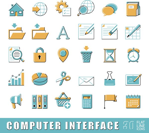مجموعه ای از آیکون های رابط کامپیوتر نمادهای خط مسطح برای وب و کام
