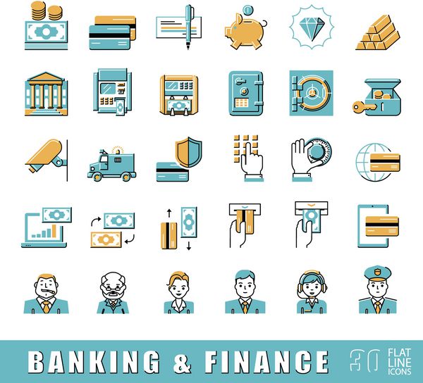 مجموعه ای از آیکون های مربوط به امور مالی و بانکی وکتور مجموعه ای از نمادهای خط مسطح با کیفیت برتر