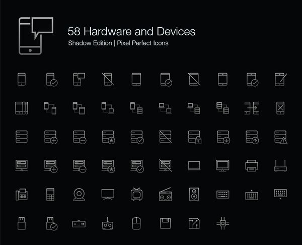 سخت افزار تلفن همراه دستگاه های کامپیوتری Pixel Perfect Icons سبک خط Shadow Edition