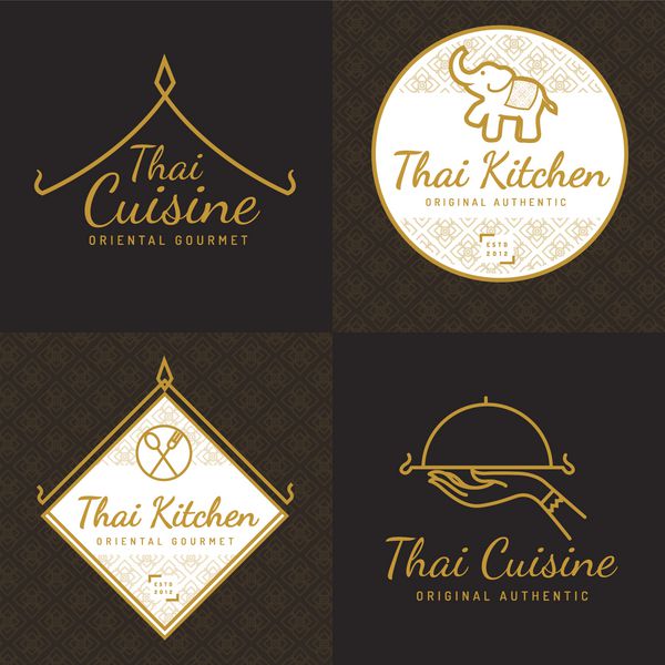 مجموعه آرم غذای تایلندی رنگ طلایی نشان بنر نشان رستوران غذای آسیایی با الگوی تایلندی وکتور