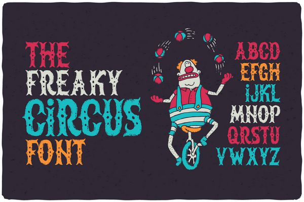 فونت سیرک عجیب با دلقک شعبده بازی خنده دار روی دوچرخه حروف بافت کثیف قدیمی